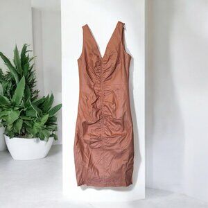 Venus Faux Leather Sexy Brown Dress Rouched With Slit Size 4 Tan
